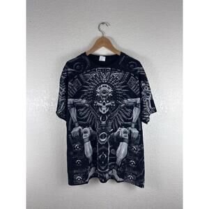 Aztec Skull Warrior All Over Print T Shirt Mens Large Black Tribal Graphic